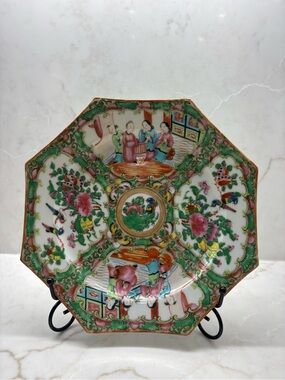 Hand-Painted Octagonal Floral and Figural Decorative Plate - Pink & Green
